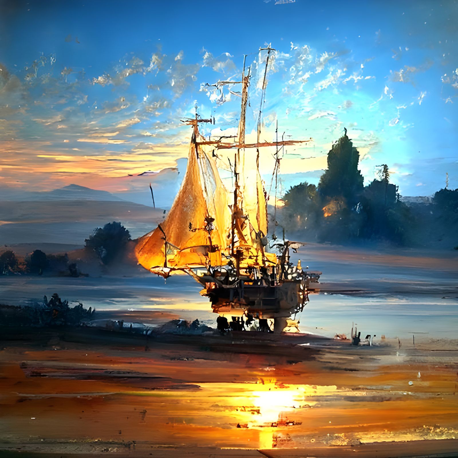 sailing ship at dawn
