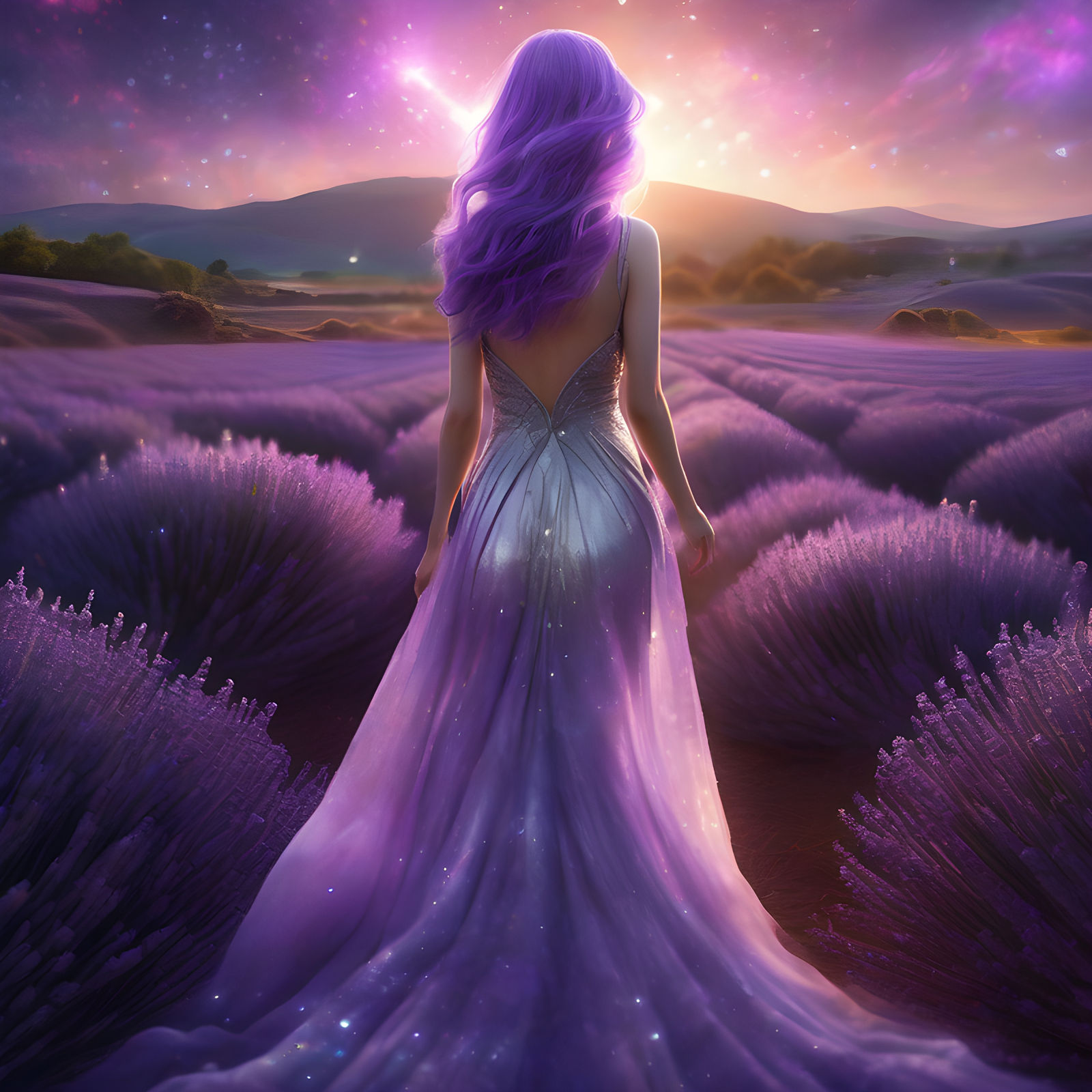Purple Haired Woman inside a lavender field