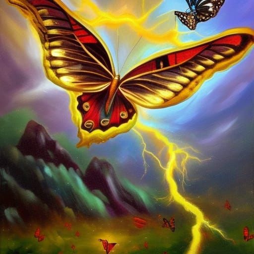 Ethereal Mountain Scene with Butterflies, Oil Painting