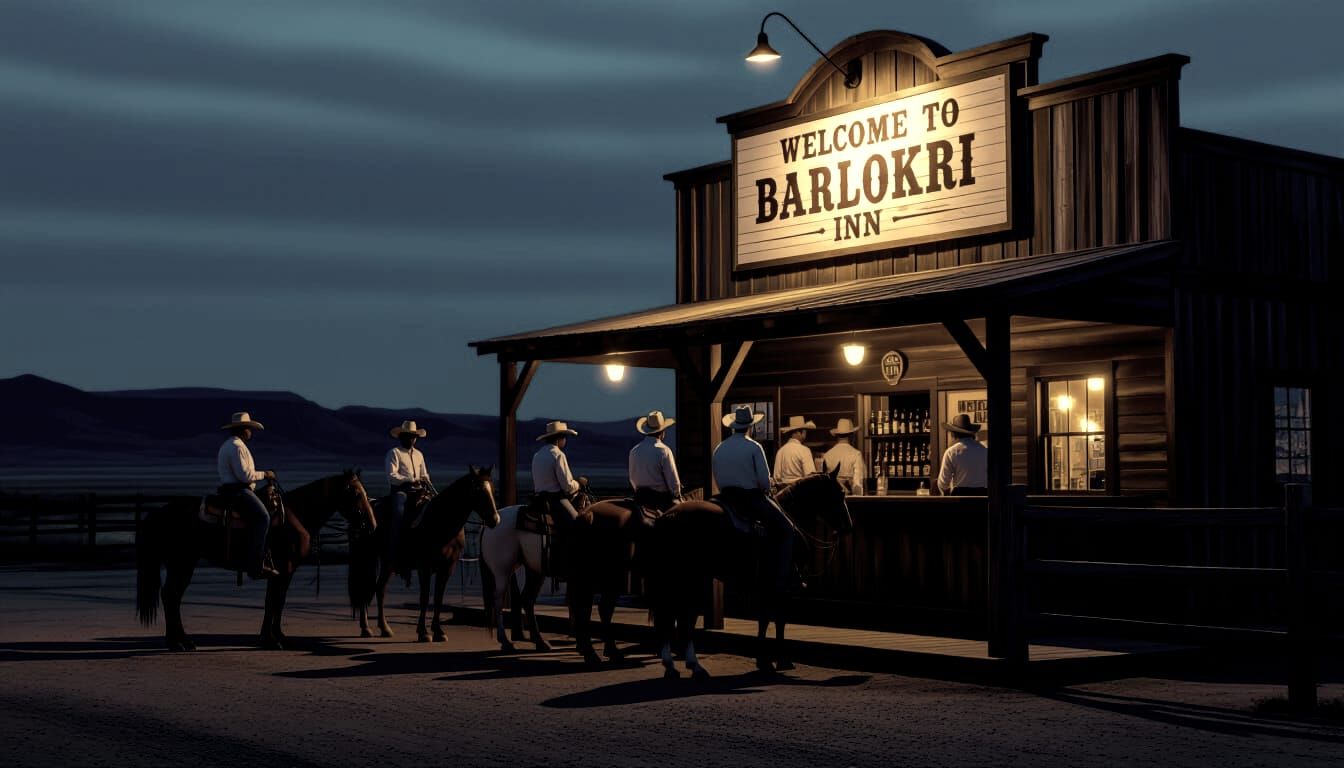 1986 Western Desert Bar Scene with Cowboys and Horses