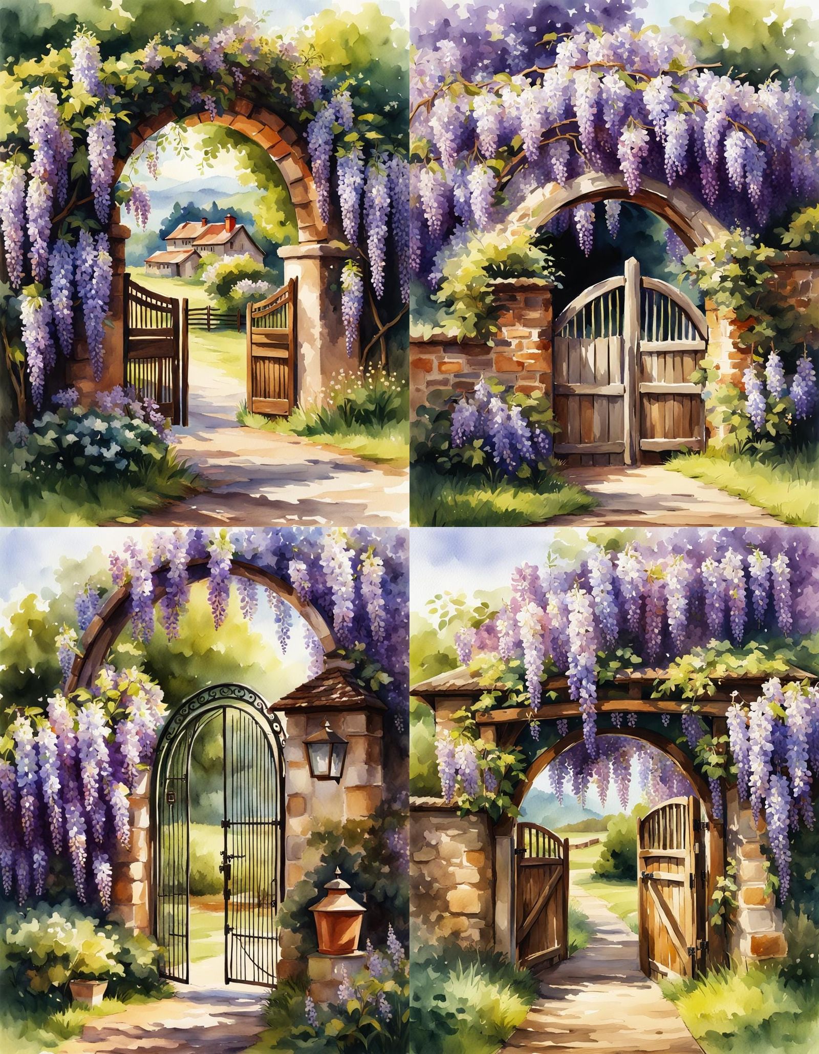 beautiful Wisteria covered wooden arched gate, old farm hous...