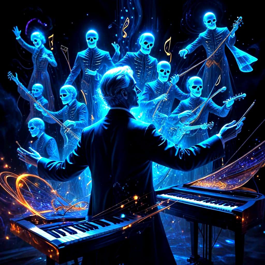 ghost conductor leading phantom musicians as they play, with flowing notes and music surrounding them. ...  by @Jerri