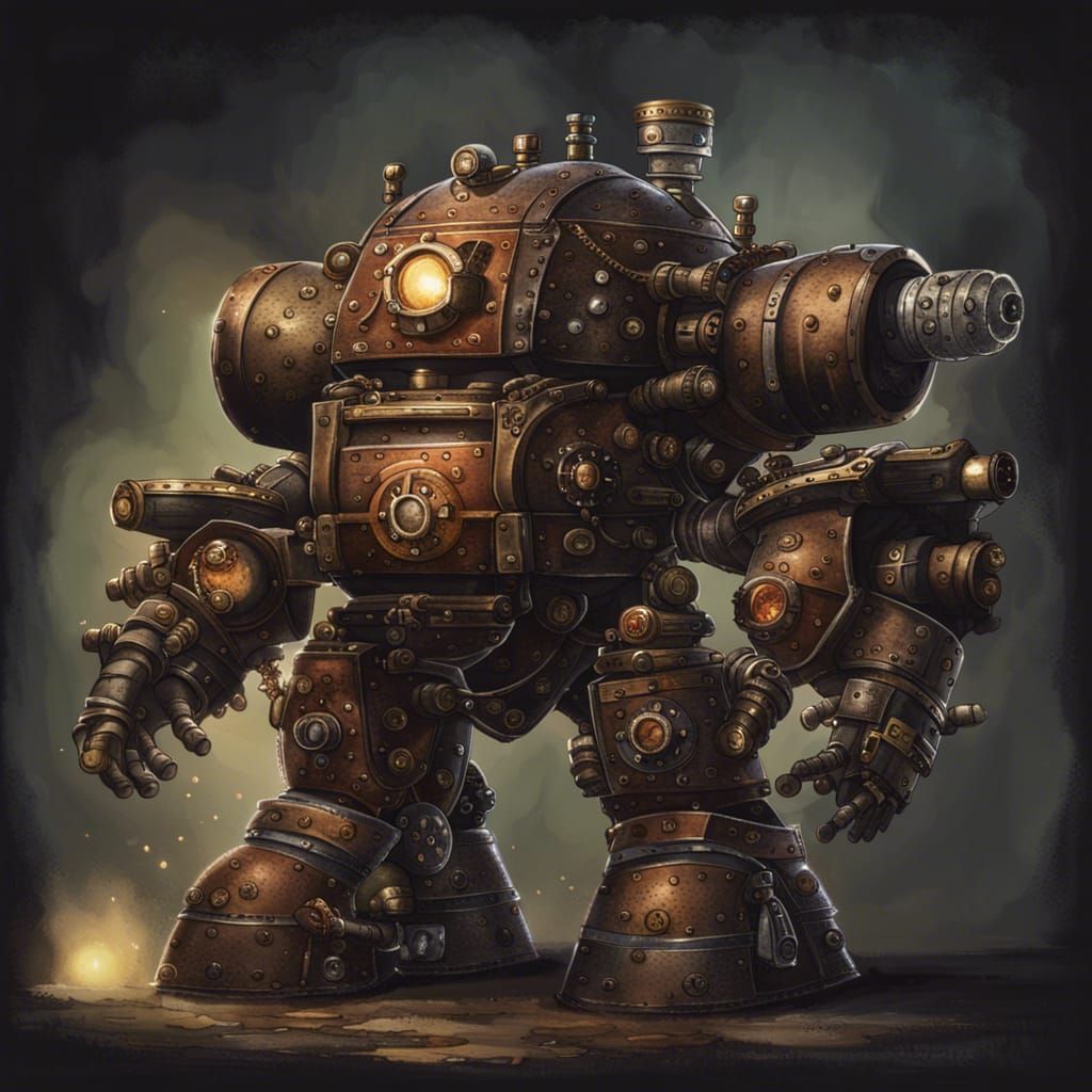 Dwarf in a steampunk Mech suit with two massive cannons for it's arms ...