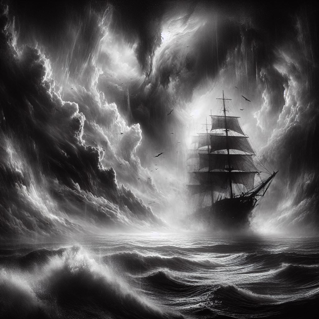 ghostly ship plowing through tumultuous seas