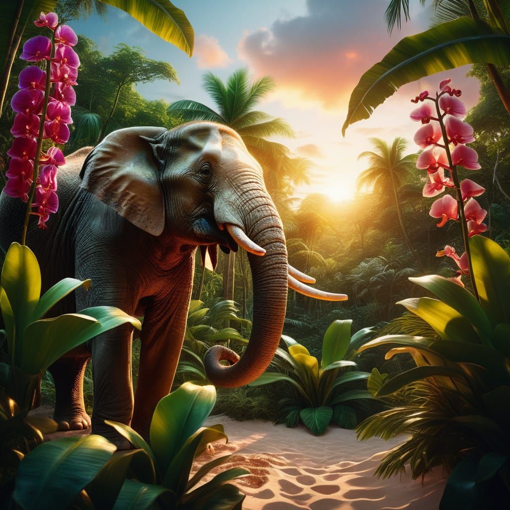 A hyperrealistic, cinematic portrait of a dense jungle at sunset, peering through to a beautiful Caribbean beach with white sand. The scene ...