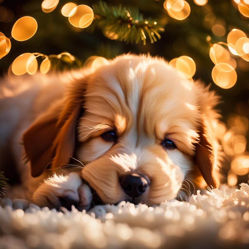 An adorable puppy napping underneath a Christmas tree.