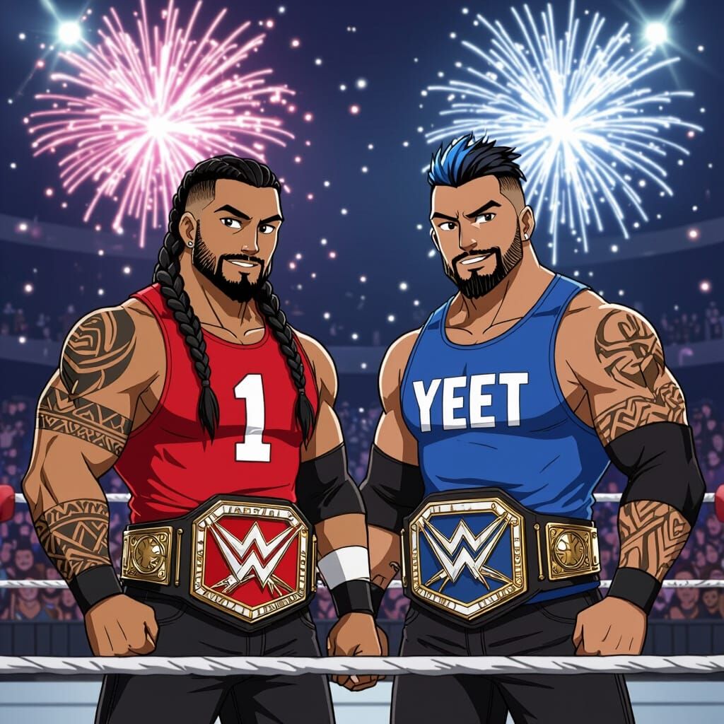 Two muscular dark-skinned Samoan IDENTICAL TWIN brothers, male anime wrestlers, stand in a wrestling ring. Both have tan skin, medium beards...