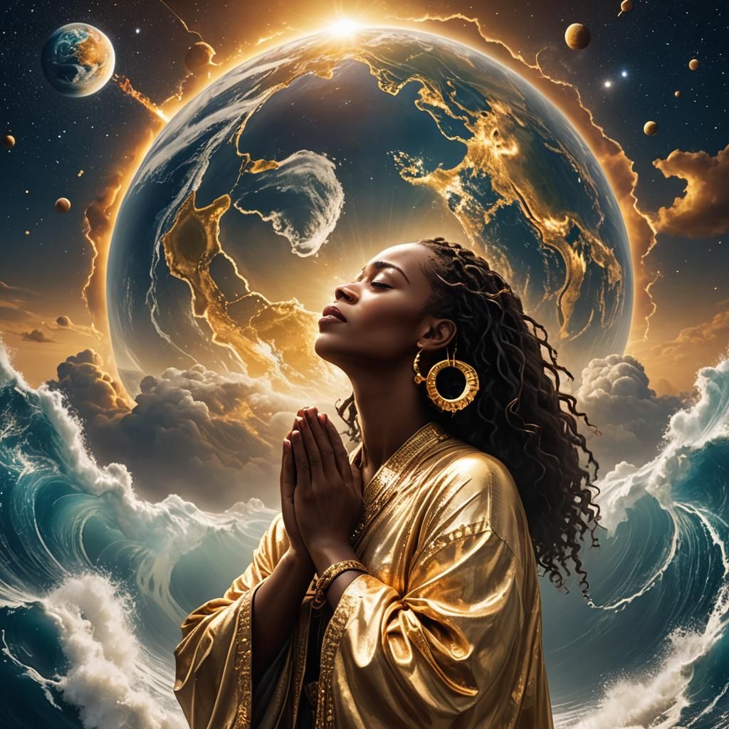 Create a planet Nibiru picture with a beautiful African American woman ...