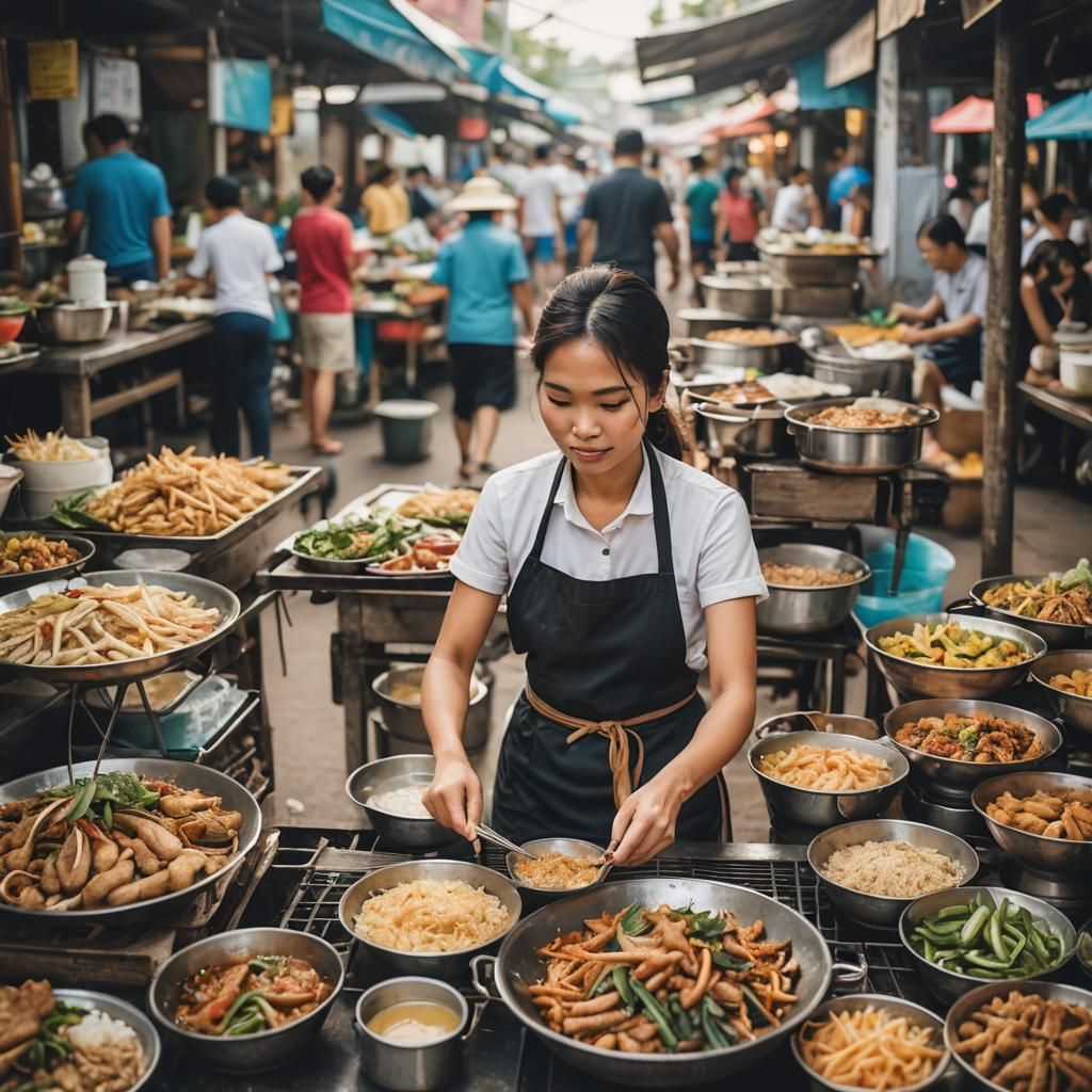 beautiful Thai woman serving street food in Thai marketplace  by @boyganymede