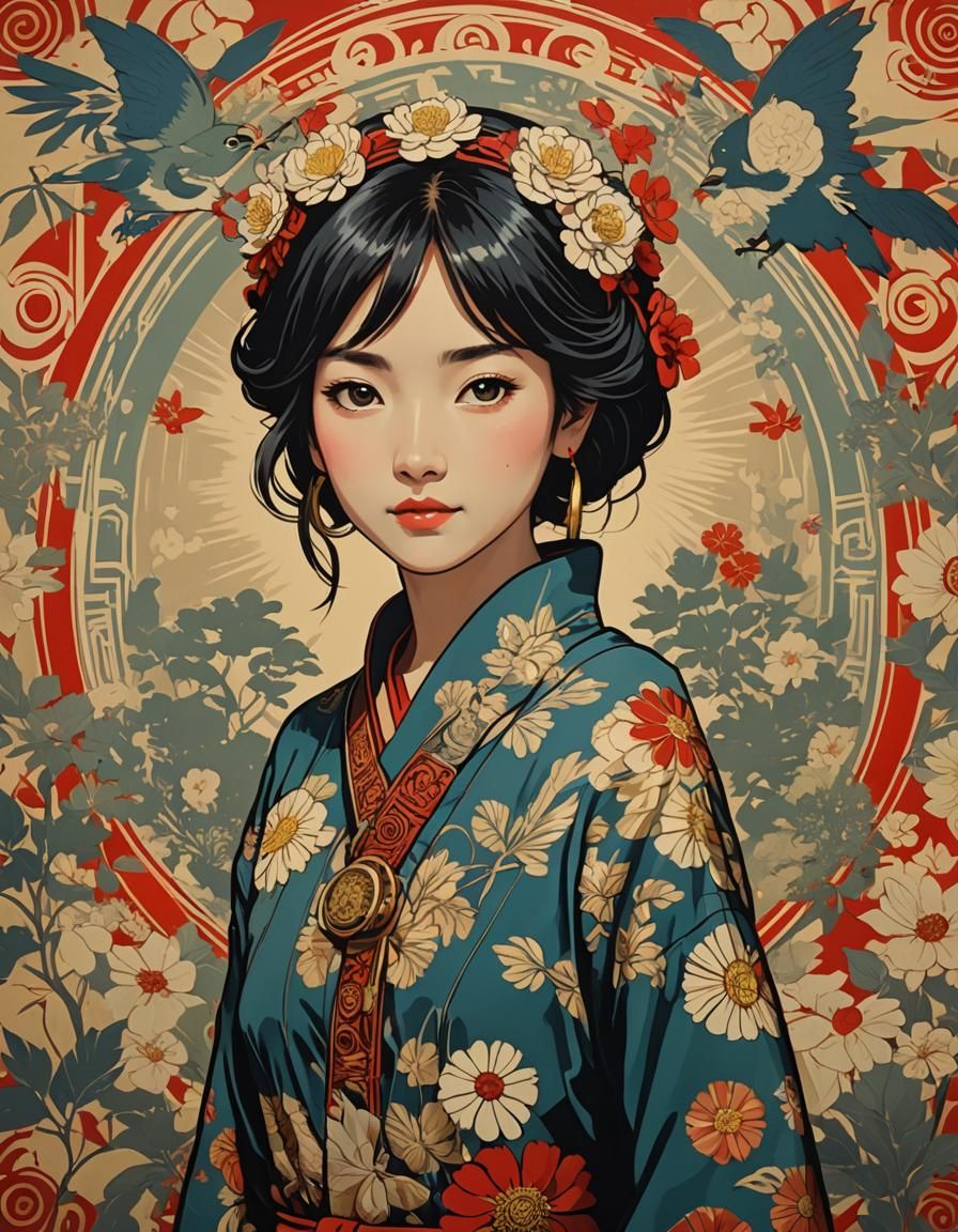 woman in style of Shepherd Fairey, Studio Ghibli