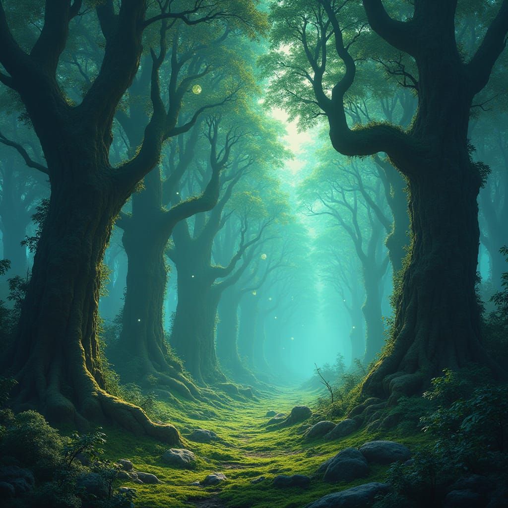 A mystical forest where ancient trees with crystalline bark pulse with faint emerald light, their branches entwined with floating, glowing o...