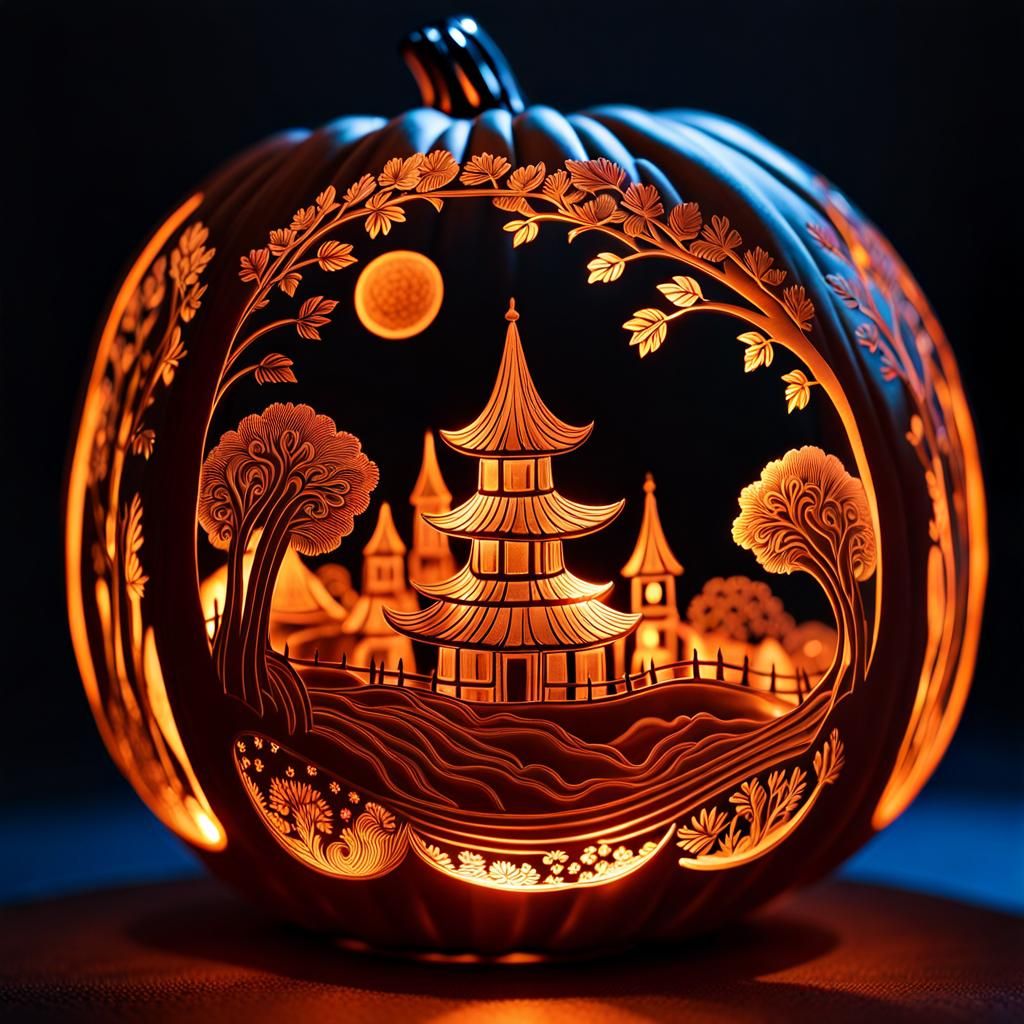 Whimsical carved pumpkins, engraved luminosity, artistic objects, magical glow, 3d etched glass pumpkin ...  by @Babydragongirl