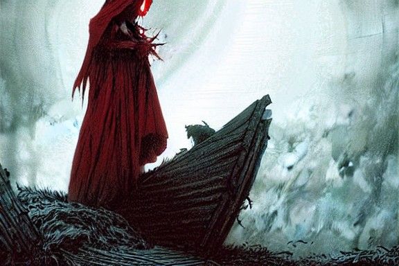 Little red riding hood as a zombie eating peoples flesh on a...