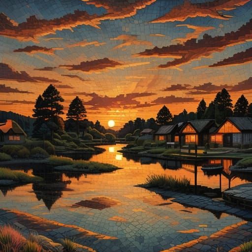 Serene Lake Sunset with Rustic Cottage and Pine Trees