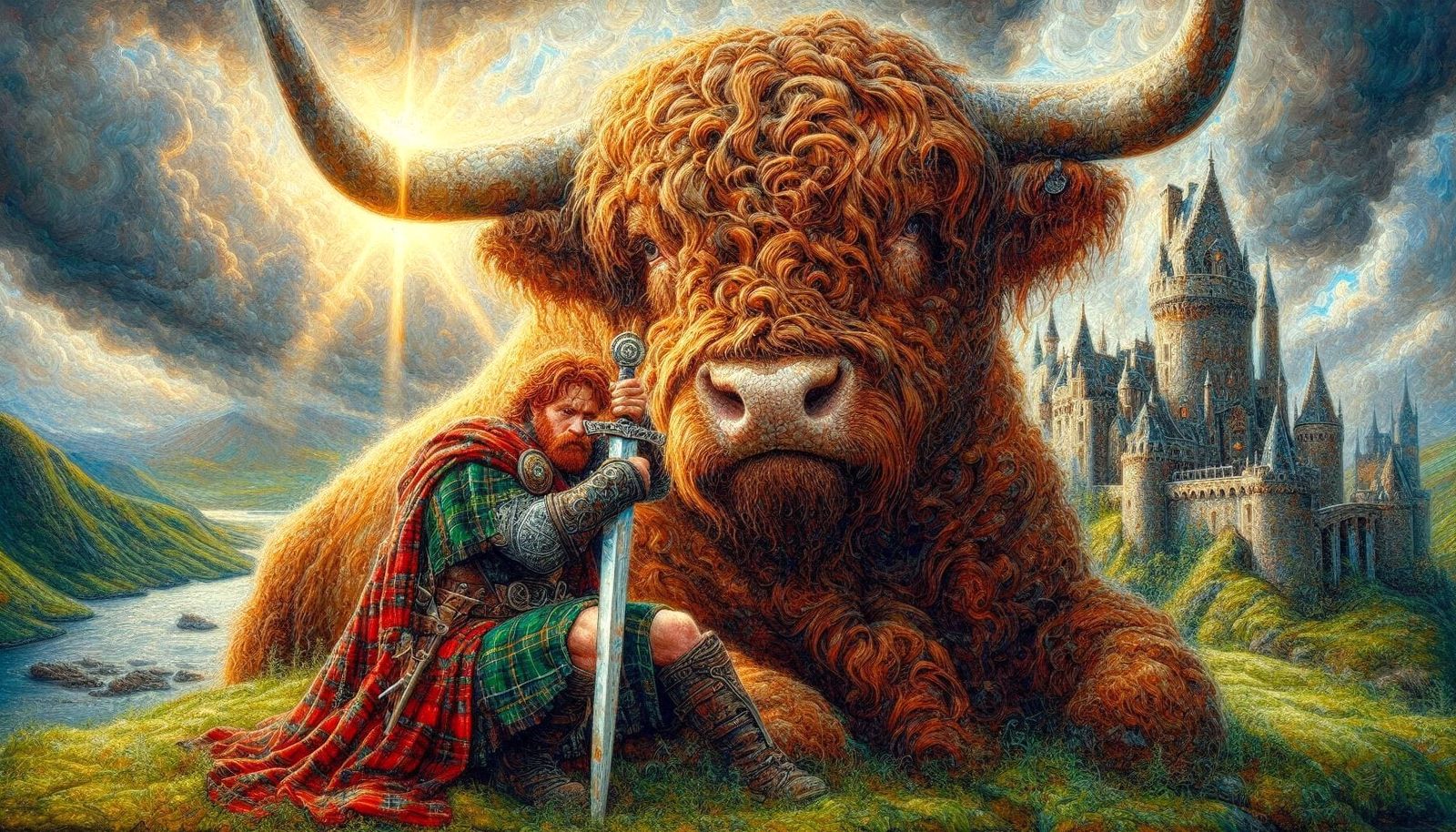 Highlander with shaggy Highland bull