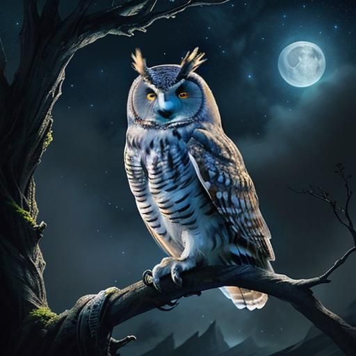 An owl sittiing on a tree branch at night, stars in the sky,...