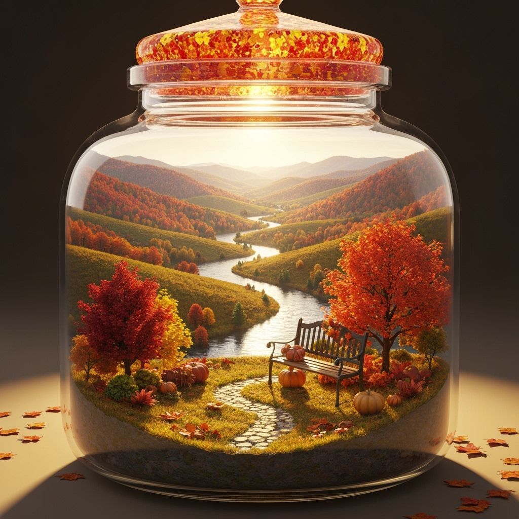 Imagine capturing Autumn in a big glass  facy shape jar with bright lid ,show river ,valleys and a fancy ...  by @Shelly
