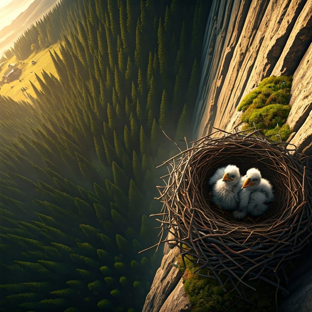 A dramatic bird’s-eye view from the air to a  nest clinging to the edge of a towering cliff face.  by @mgafner