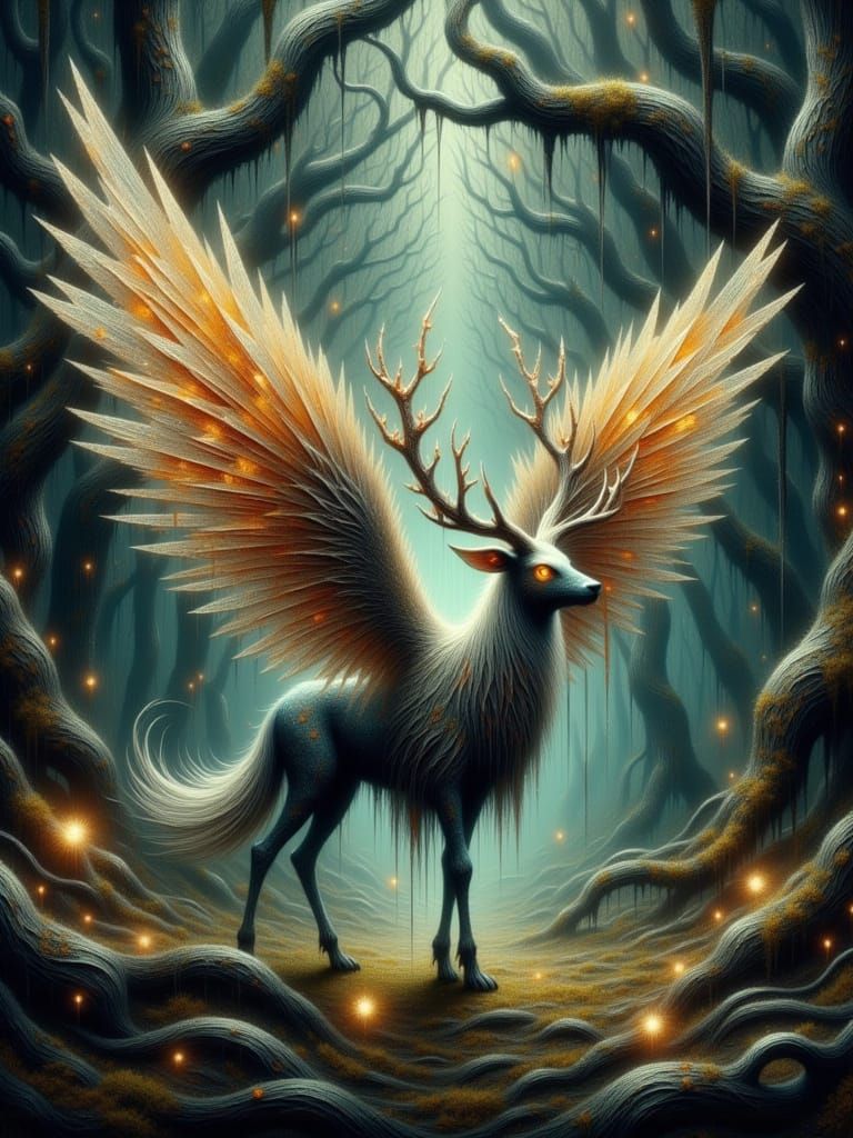Bioluminescent Forest with Phoenix-Stag Creature