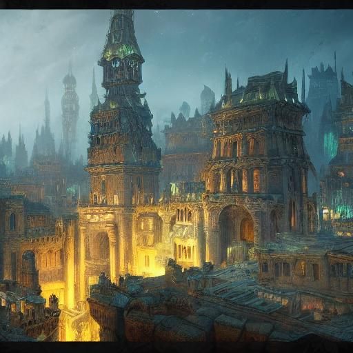 an ancient magic city at night bustling with orcs, goblins, and other ...