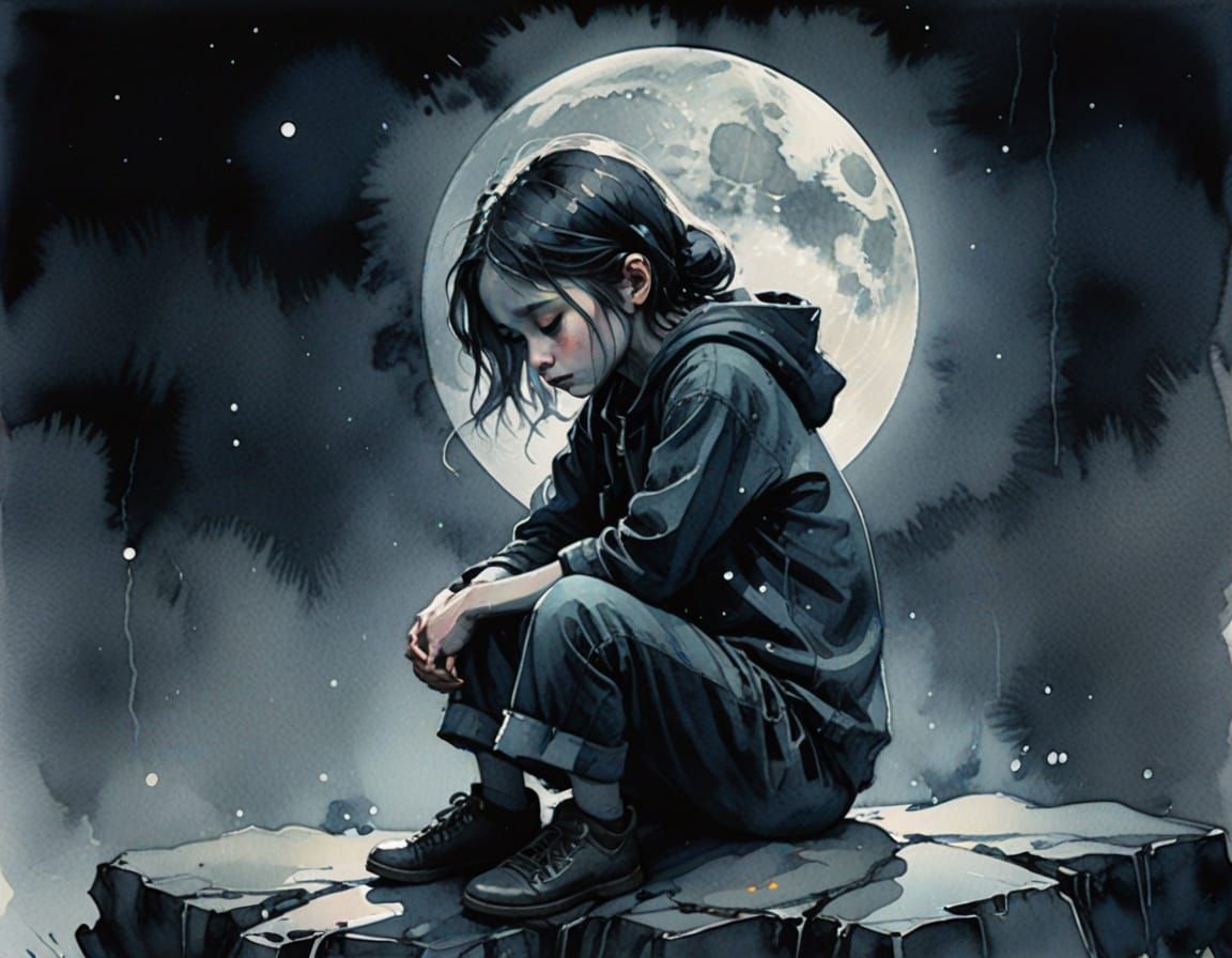 Melancholic Girl Crying Under Full Moon Concept Art