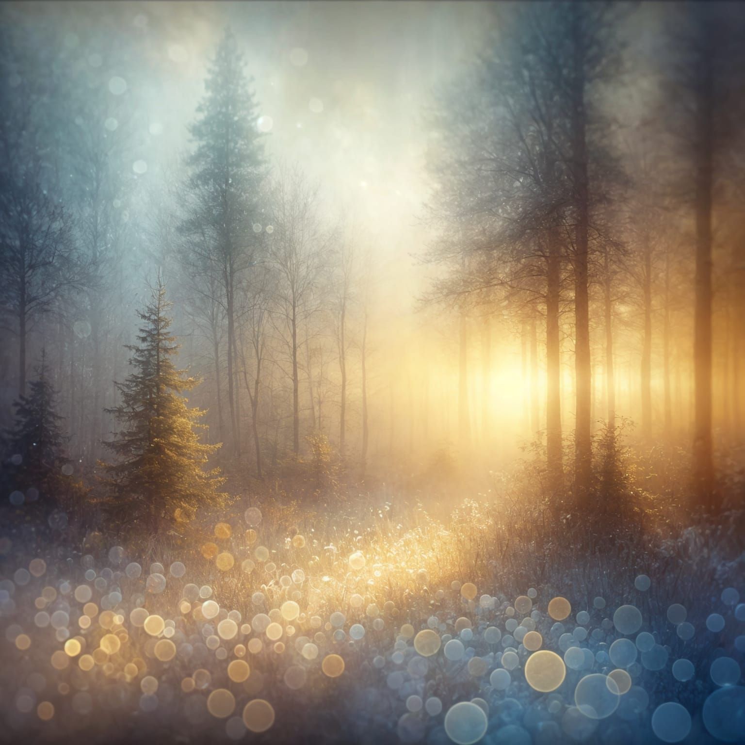 A dreamy blurred landscape painting, ethereal forest at sunrise, heavy bokeh effect, diffused golden ...  by @KomBib