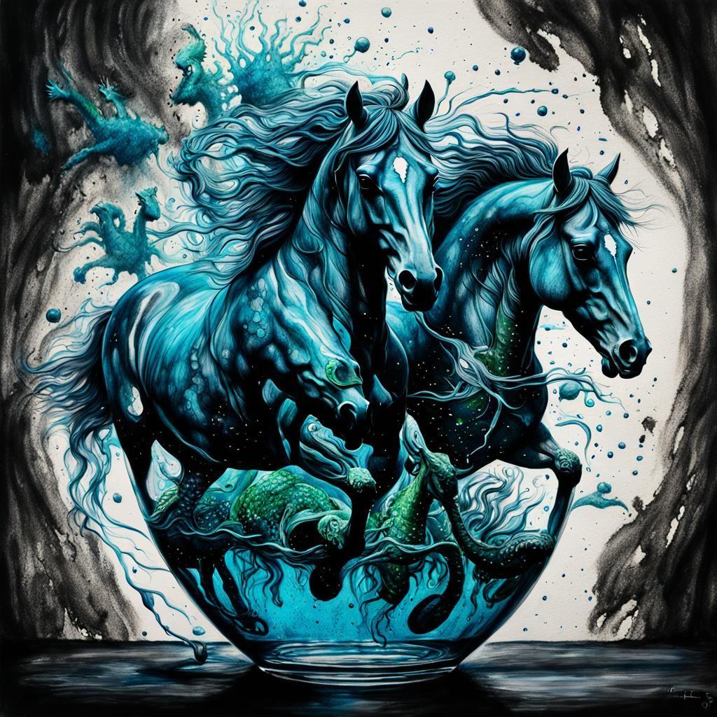 Horses in a Vase: Hyperdetailed Charcoal Drawing