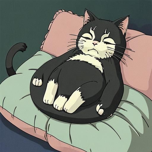 A creepy but cute cat sleeping in a big pillow couch (((Ghib...