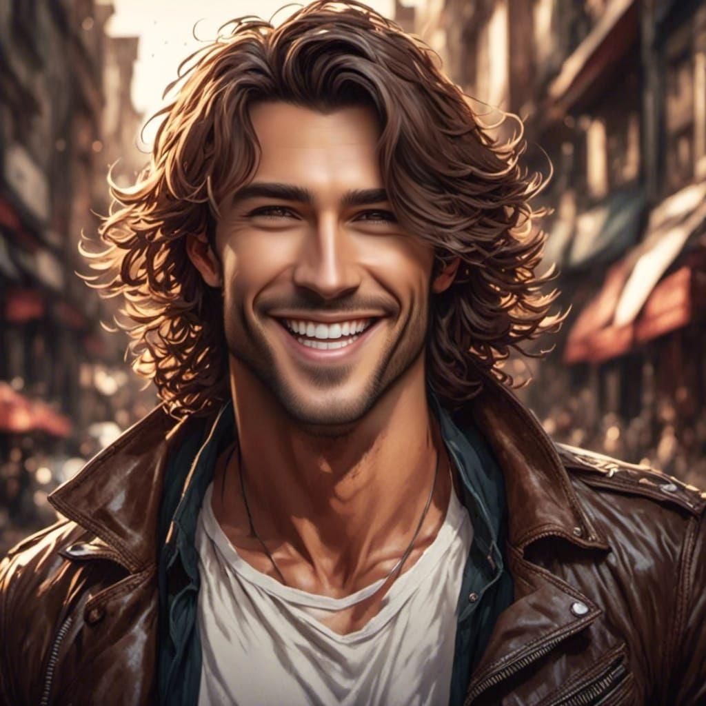 <lora:Anime v21:1.0>  A close up portrait of a handsome man with flowing brown hair, charming smile, white t-shirt and leather jacket