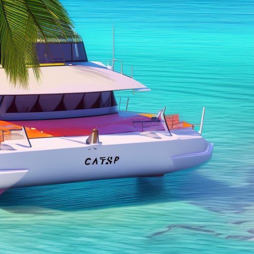 A luxury catamaran anchored near a tropical island.
