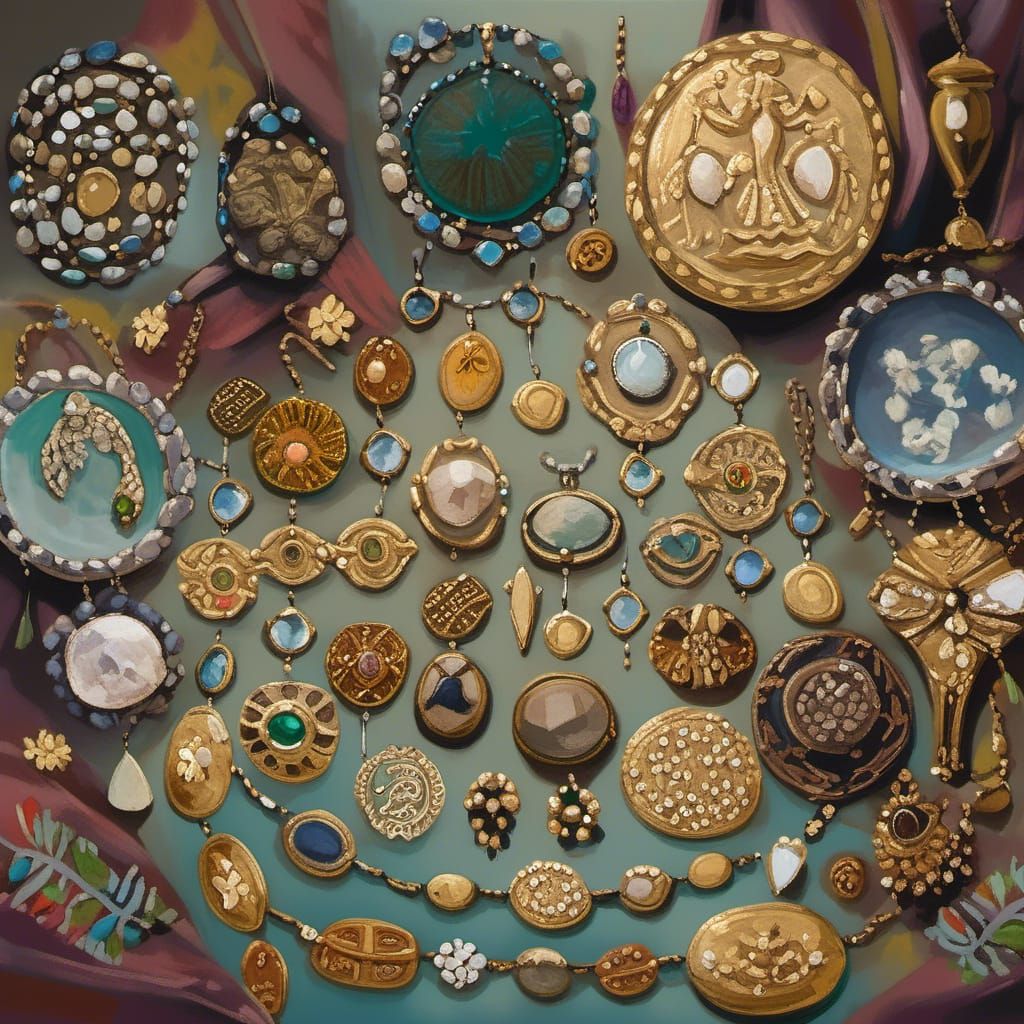 A still life painting of a collection of antique coins and j...