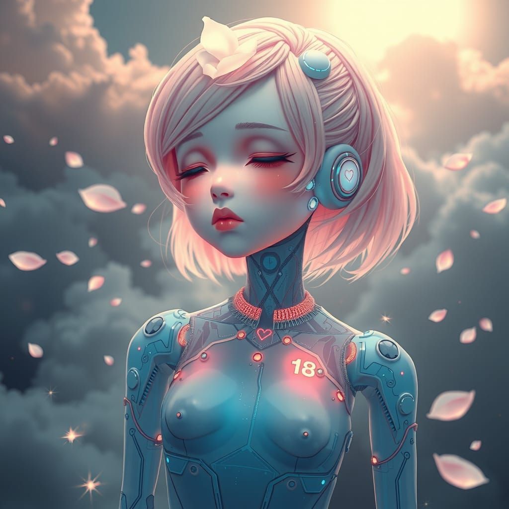Luminous Android Girl in Celestial Cloudscape
