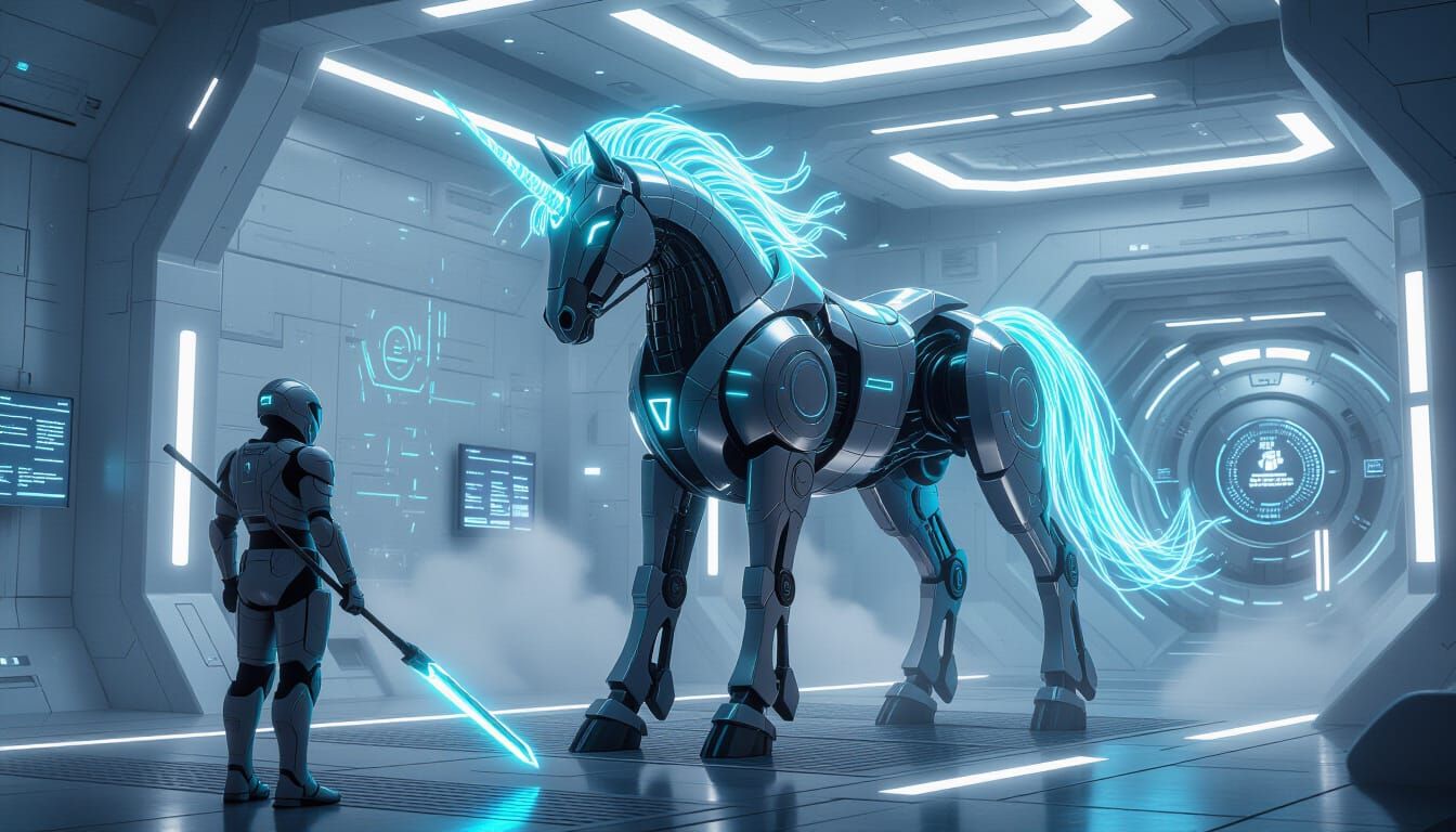 
A majestic futuristic horse mecha robot sleek, armored body with chrome and matte titanium plating, glowing cyan mane made of energy filame...