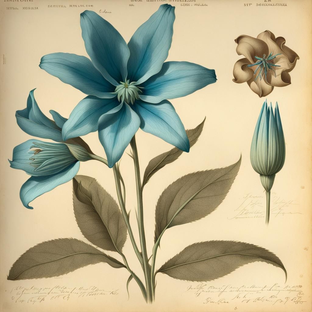 Sepia Botanical illustration studio sheet of a blue flower w...