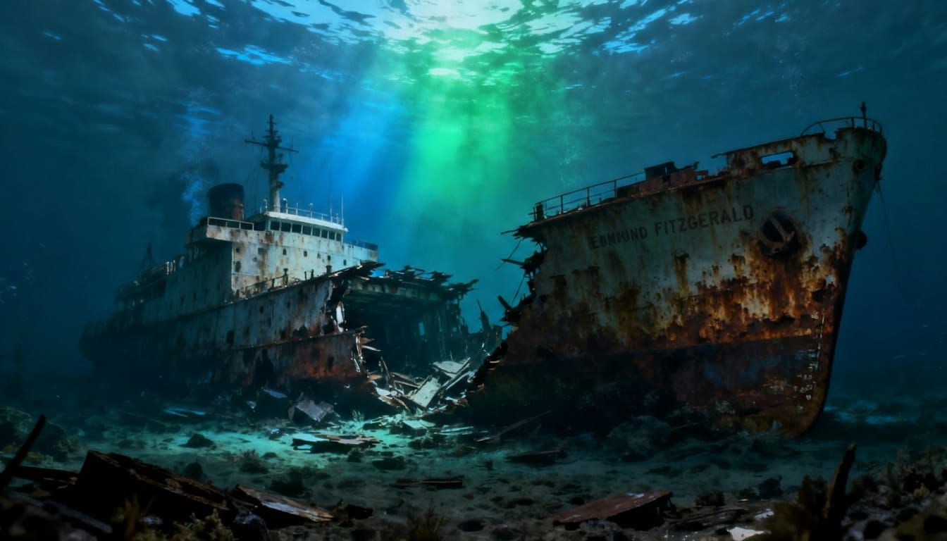 The Wreck of the Edmund Fitzgerald, deep underwater and broken in the middle, photoillustration  by @SethRichards