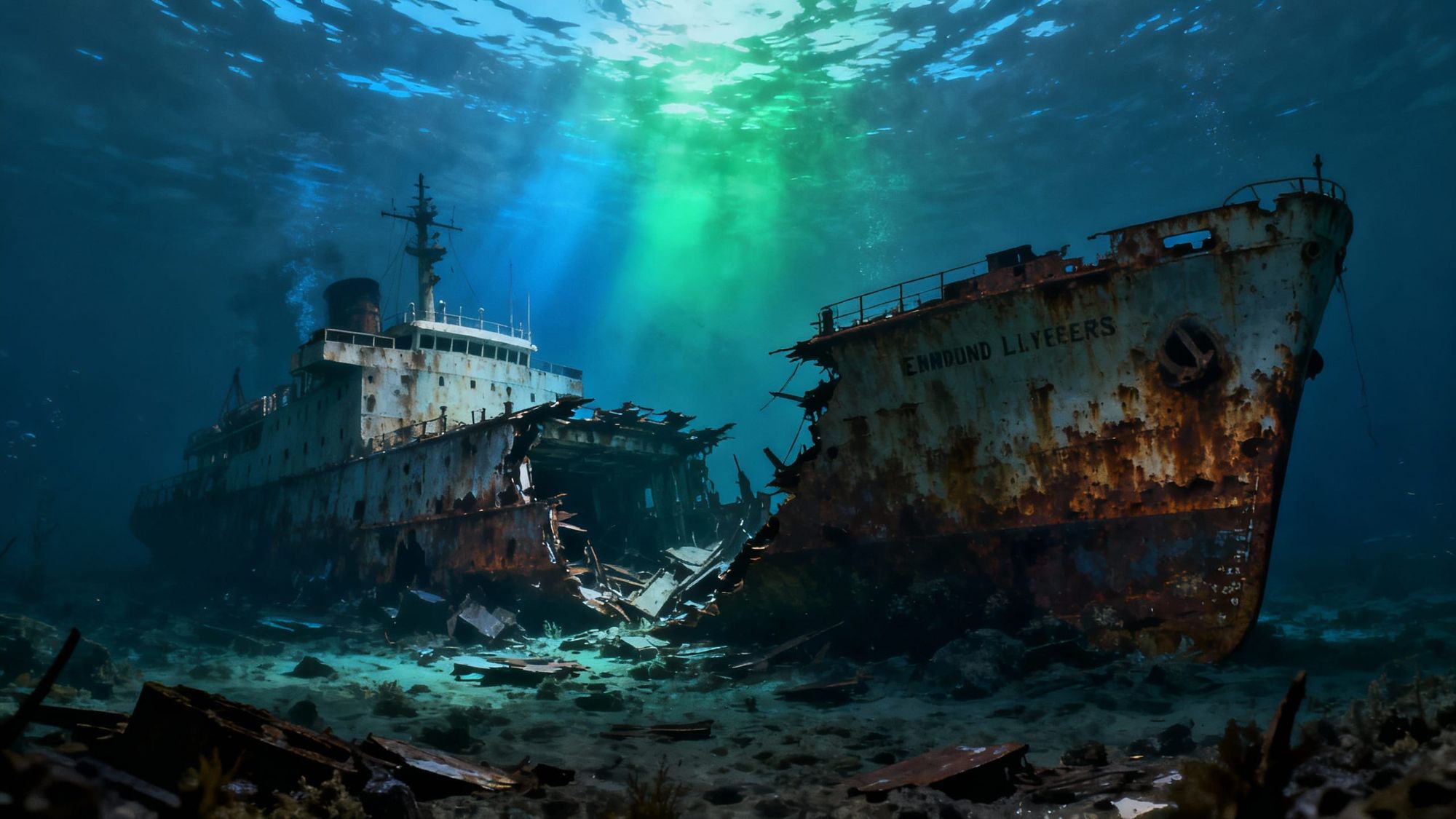 The Wreck of the Edmund Fitzgerald, deep underwater and broken in the middle, photoillustration