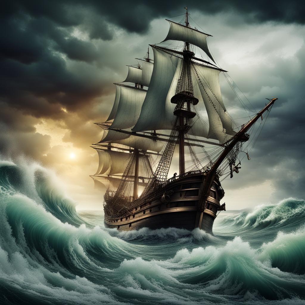 pirates on a ship in a raging sea. waves sea foam thunderous sky - AI ...