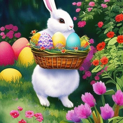 Easter bunny holding a basket of colourful foiled eggs, in a...