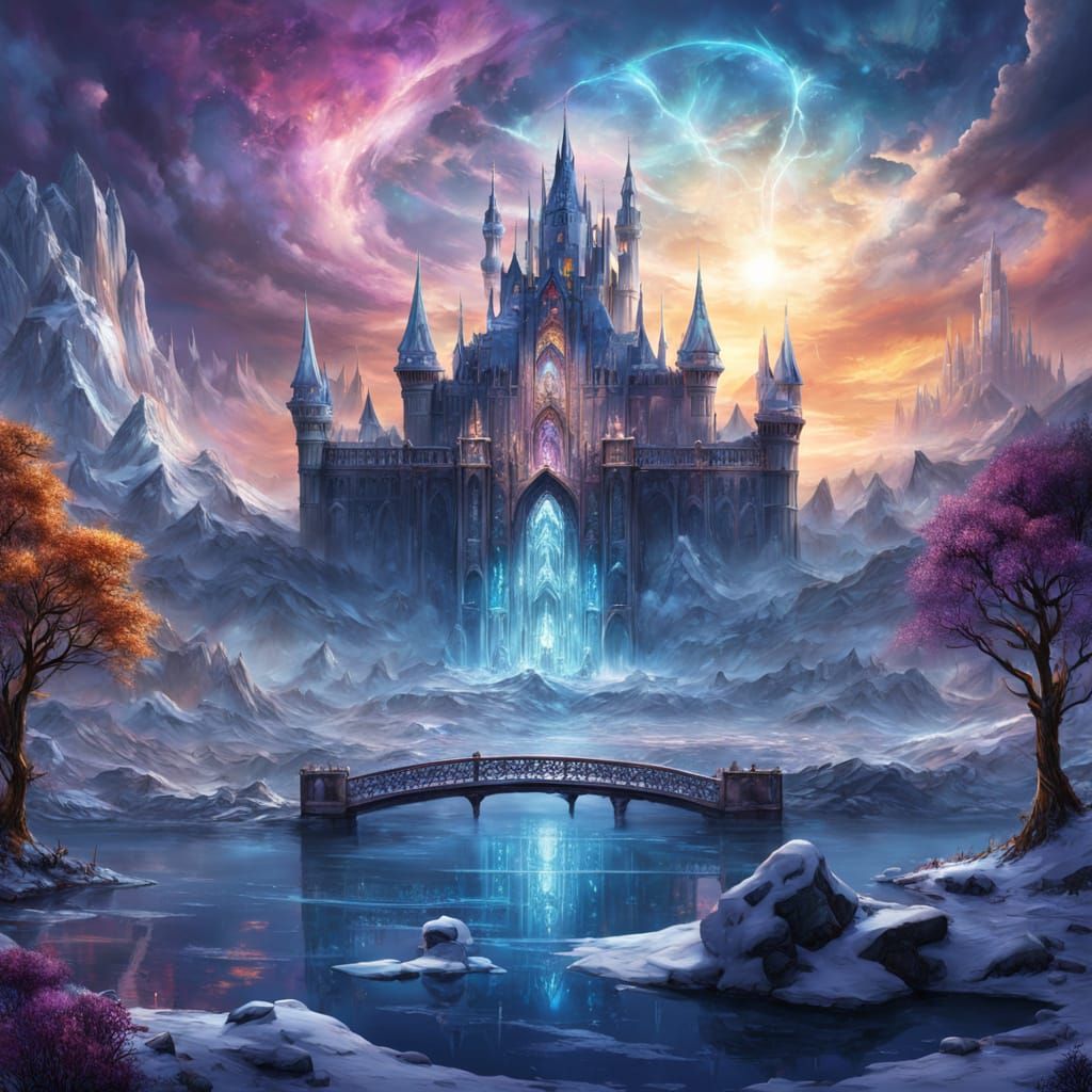 Epic fantasy landscape from a high diagonal bird's eye view. A huge frozen lake with crystal-clear frozen water, glowing cracks in the shape...