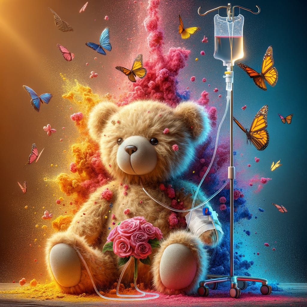 Create a image of a teddy bear holding a iv drop stand and butterflies around it 