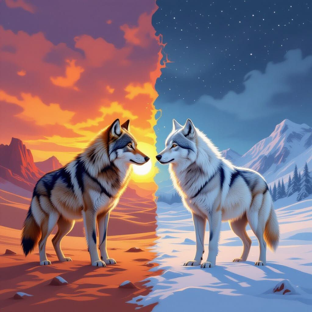 natures opposite of 2 wolves of summer and winter facing each other with summer and winter background ...  by @Jijo