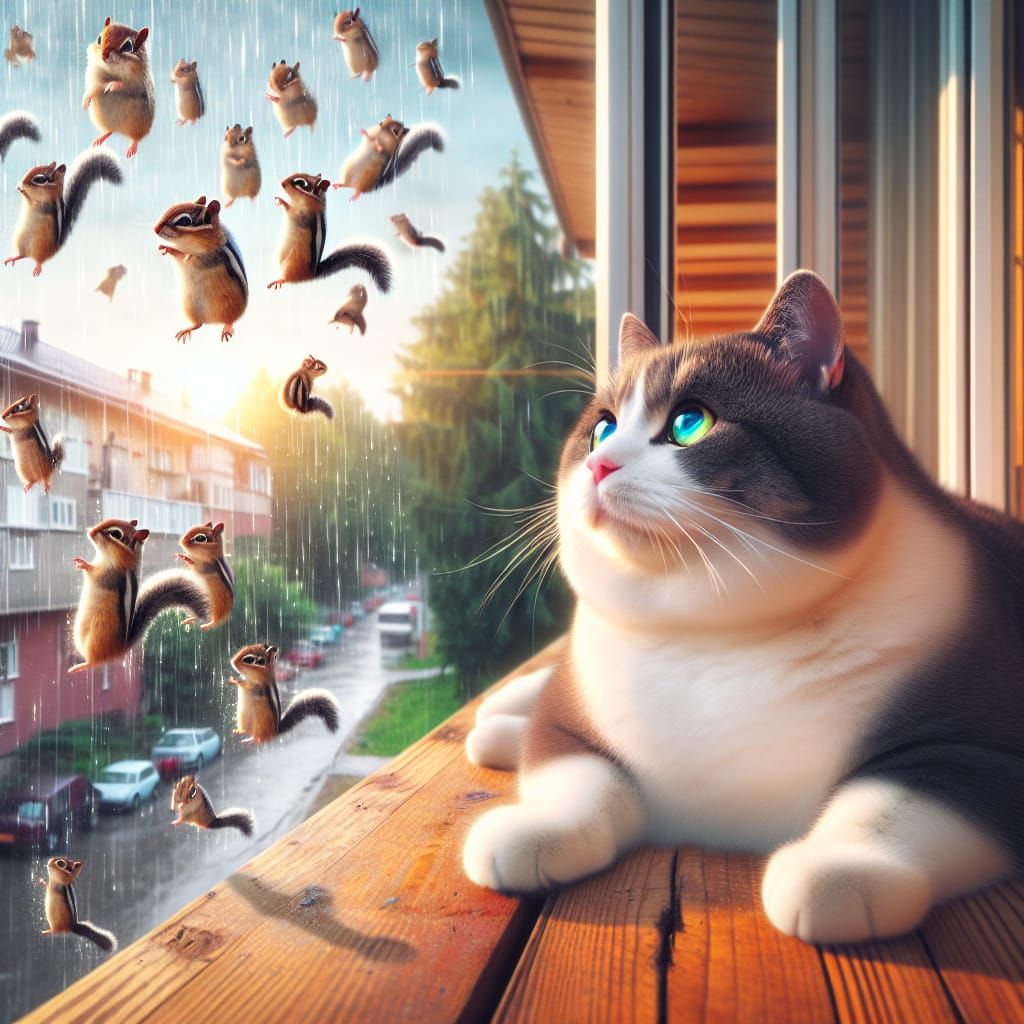 A fat cat of the Snowshoe breed with a black nose and a white chin lies on the balcony and looks at the street 
It's raining of little chipm...