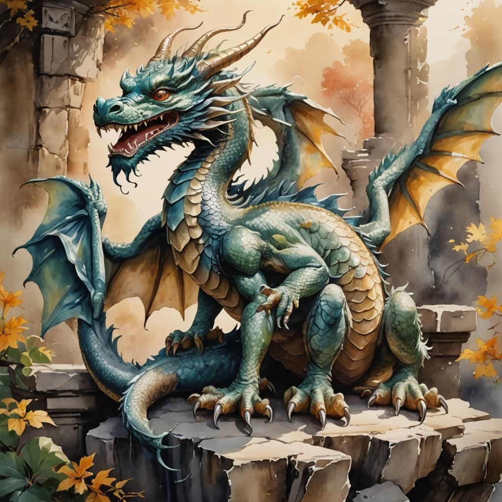 Watercolor Dragon with Calligraphy Details