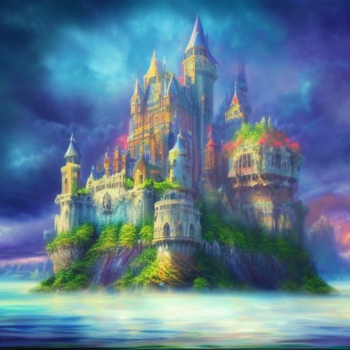 Majestic fantasy Crystalline castle across waterways floating crystal ...