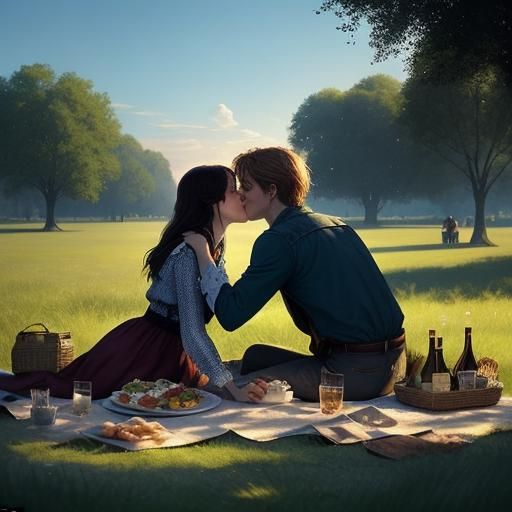 # lovers having a picnic in the park # it is a perfect clear...