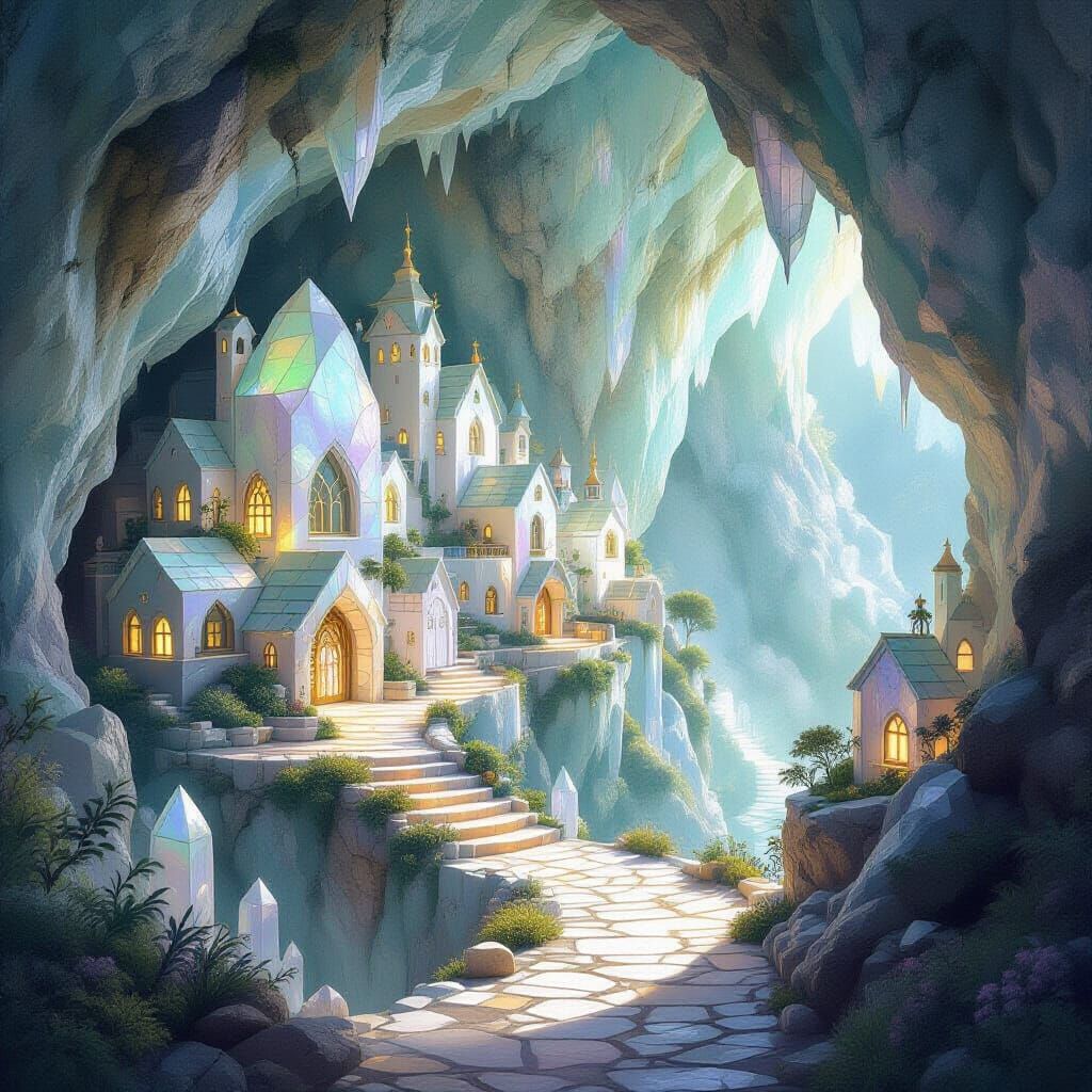 A whimsical, ethereal village built into the side of a giant, crystalline geode. Tiny, glowing pathways wind between structures made of poli...