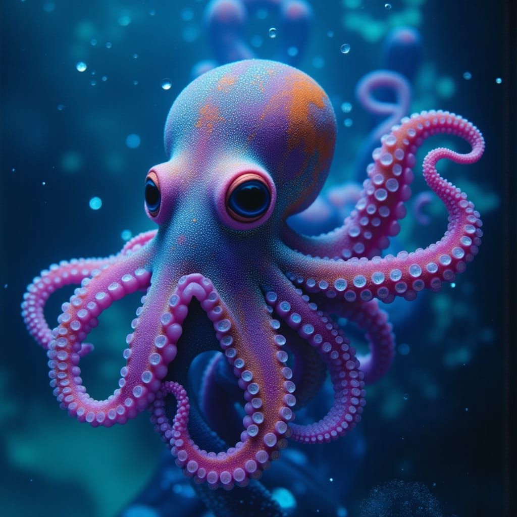 <lora:mixit:1.0> <lora:MJ Style:1.0> <lora:mmcollage:1.0> <lora:Scratch Art:1.0> A curious baby octopus, with large, questioning eyes, drift...