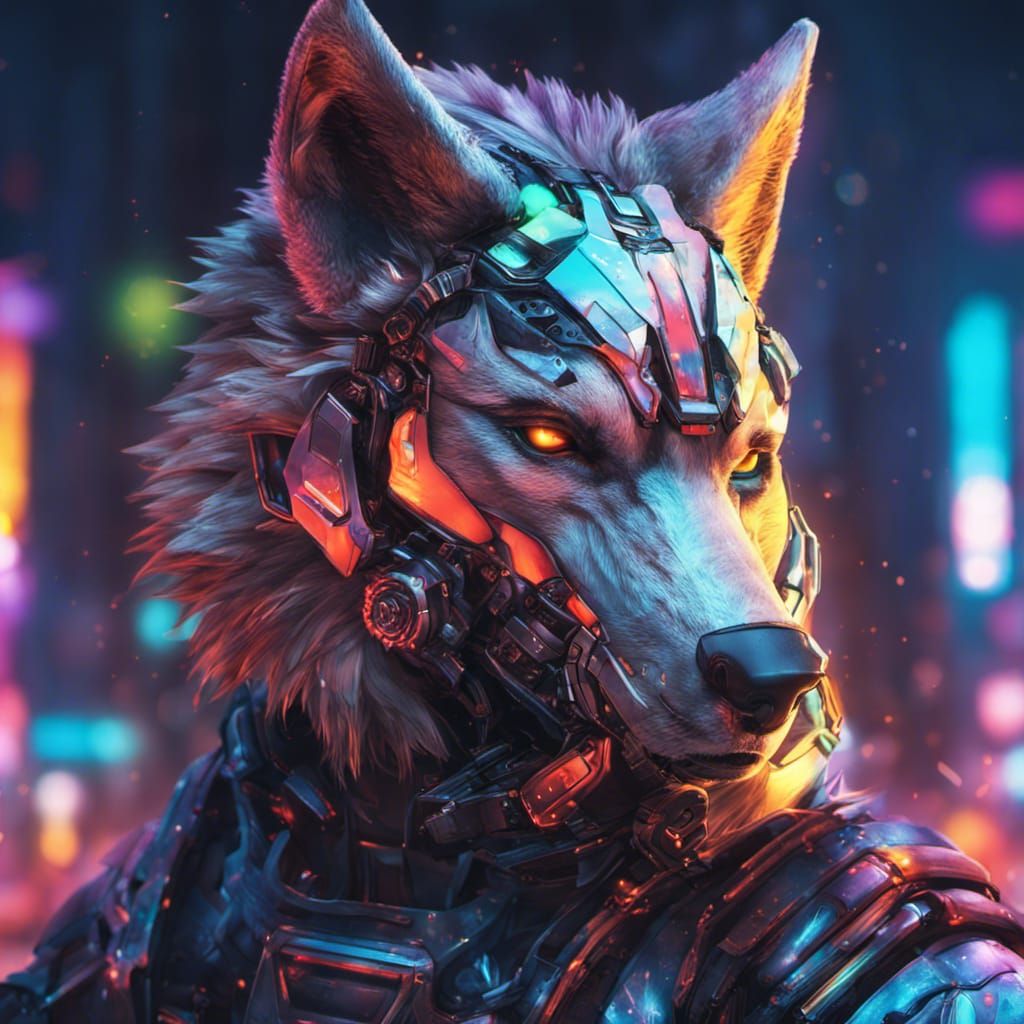 Portrait of a cyborg wolf wearing futuristic face armor in a neon city ...