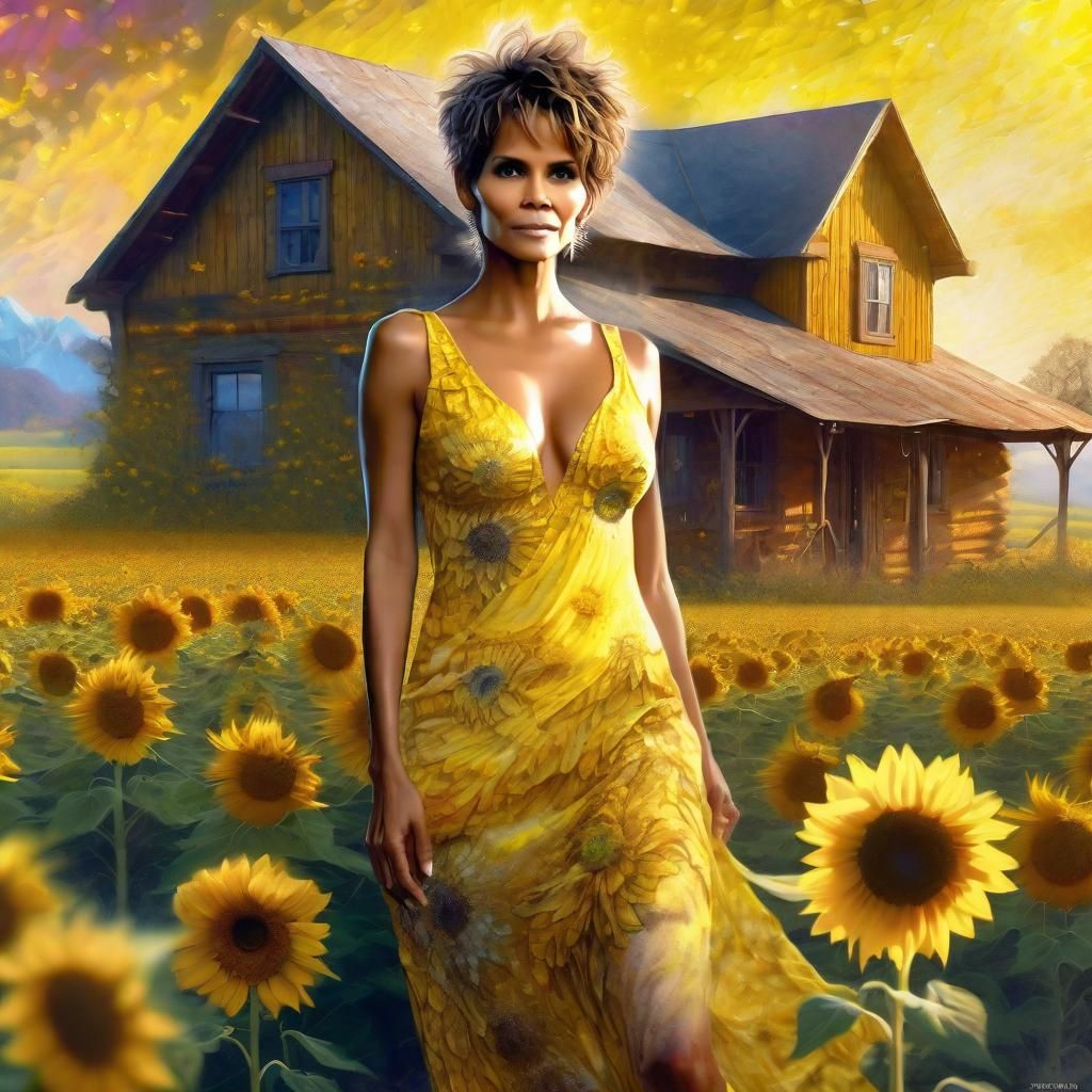 Halle Berry in a Yellow printed sensual dress, Sunflower fie...