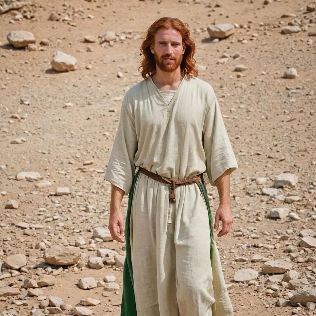 Beautiful and redhaired Jesus in ecru tunic and green clothes of 33 era ...